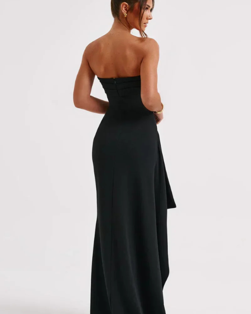 Φόρεμα Milca Βραδινό Γυναικείο – Μακρύ Φόρεμα Bustier με Ραβδώσεις, Ψηλό Σχίσιμο & Κομψή Λάμψη