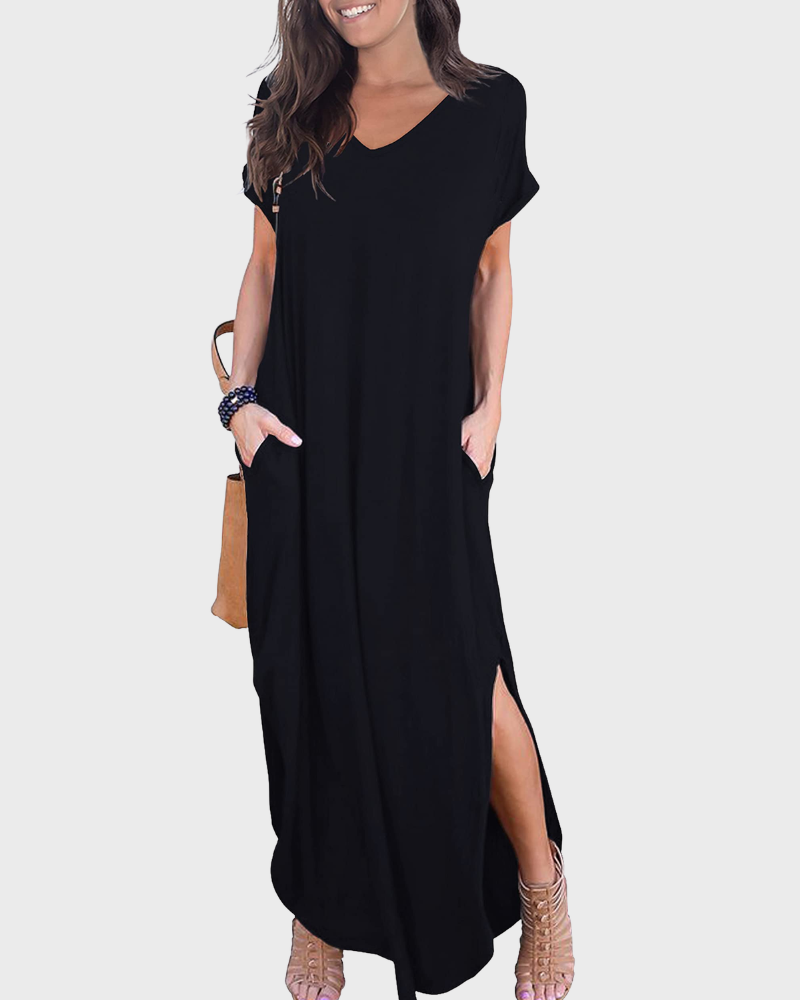 Vestido Maxi Rosenda para Mujer – Cuello en V, Mangas Cortas, Corte Fluido y Abertura con Bolsillos Verano