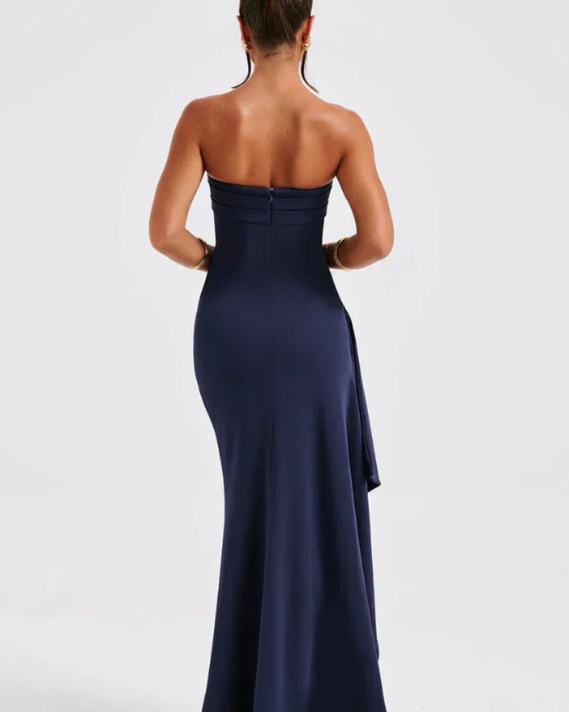 Φόρεμα Milca Βραδινό Γυναικείο – Μακρύ Φόρεμα Bustier με Ραβδώσεις, Ψηλό Σχίσιμο & Κομψή Λάμψη