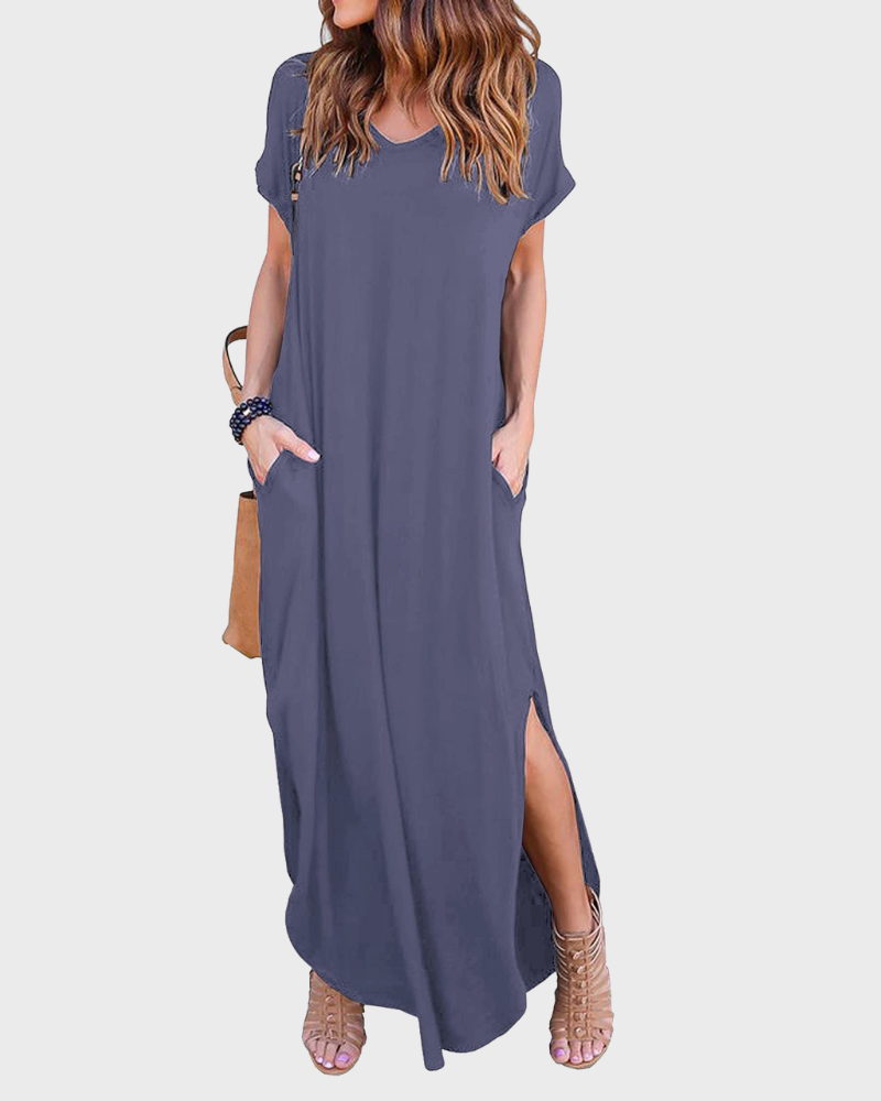 Vestido Maxi Rosenda Feminino – Decote em V, Mangas Curtas, Corte Fluido e Fenda com Bolsos Verão