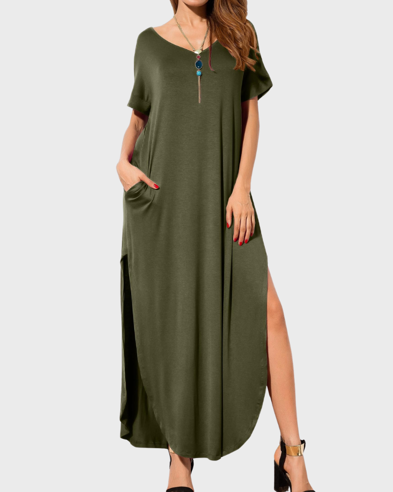 Vestido Maxi Rosenda Feminino – Decote em V, Mangas Curtas, Corte Fluido e Fenda com Bolsos Verão