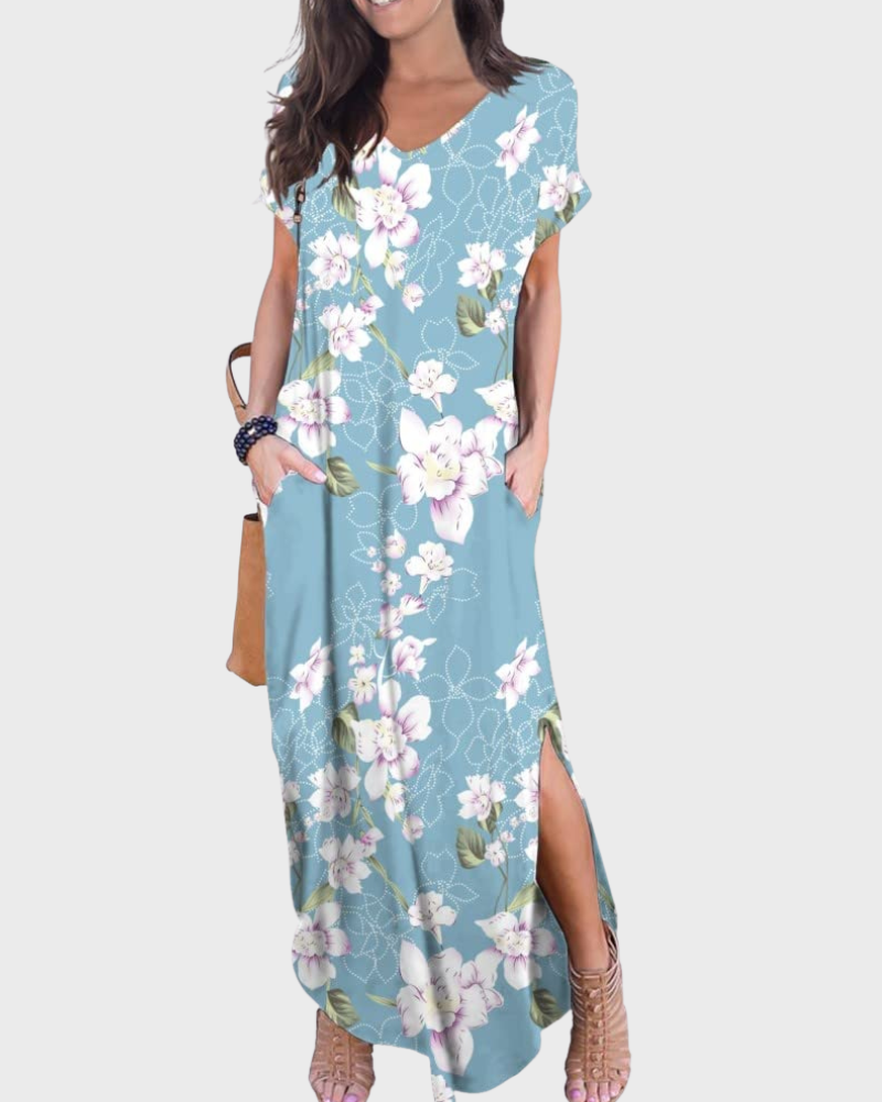 Vestido Maxi Rosenda Feminino – Decote em V, Mangas Curtas, Corte Fluido e Fenda com Bolsos Verão