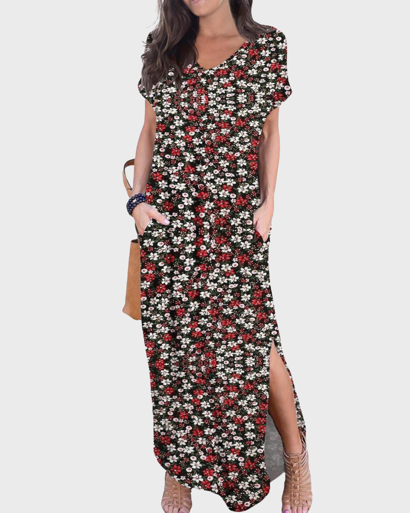 Vestido Maxi Rosenda Feminino – Decote em V, Mangas Curtas, Corte Fluido e Fenda com Bolsos Verão