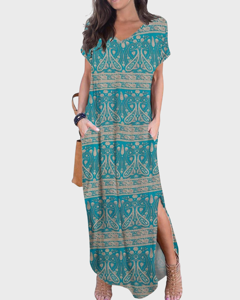 Vestido Maxi Rosenda Feminino – Decote em V, Mangas Curtas, Corte Fluido e Fenda com Bolsos Verão