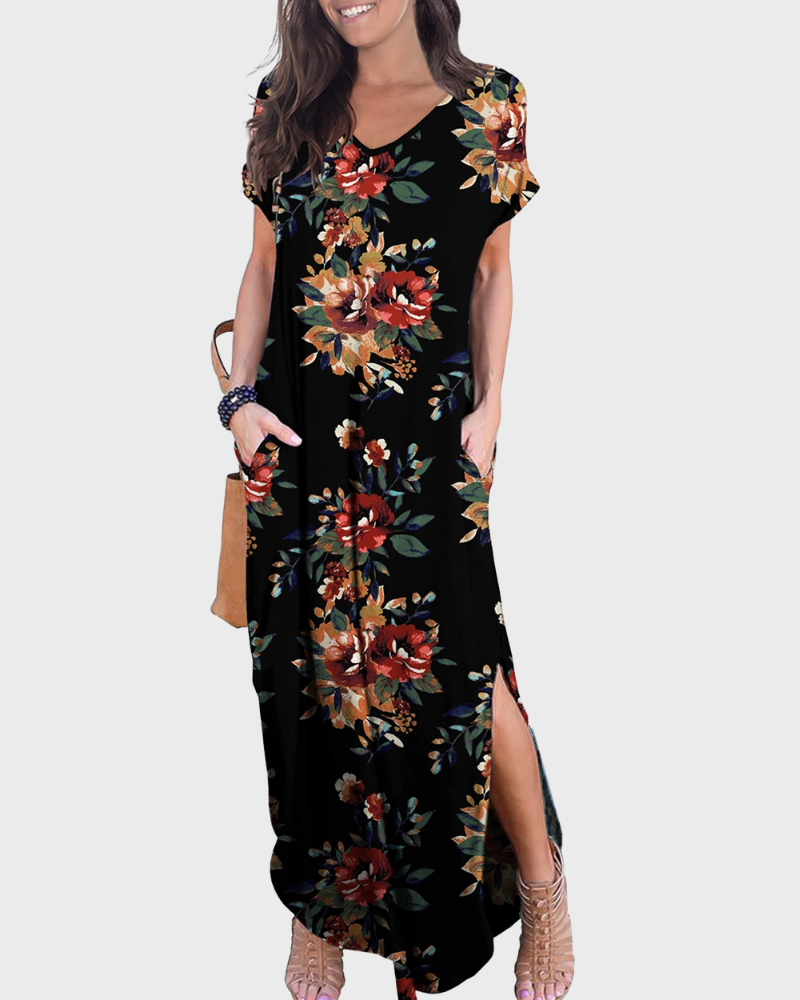 Vestido Maxi Rosenda Feminino – Decote em V, Mangas Curtas, Corte Fluido e Fenda com Bolsos Verão