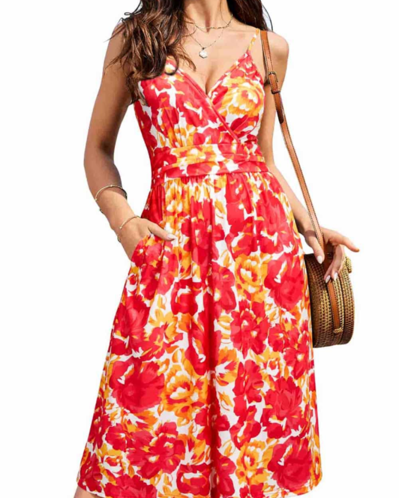 Verna midi-jurk dames – bloemenjurk met V-hals, smalle bandjes & A-lijn met zakken