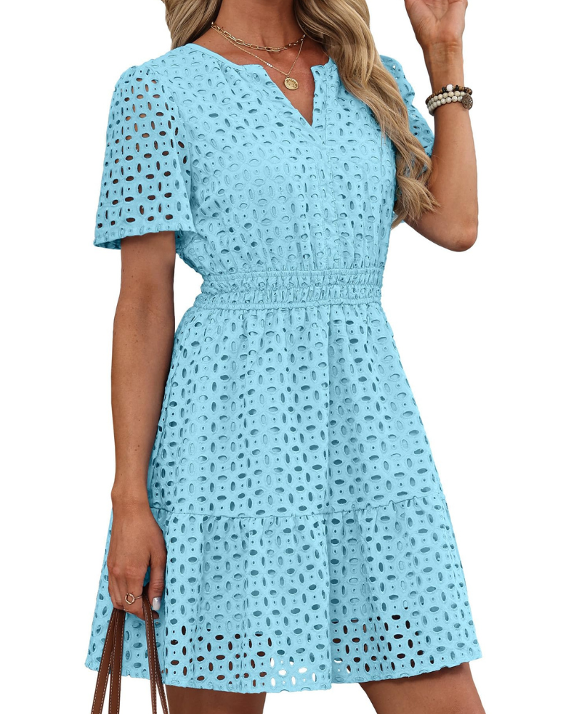 Robe Hedwig Mulher – Decote em V com Renda Bordada, Mangas Curtas e Corte Mini Cintura Alta Verão
