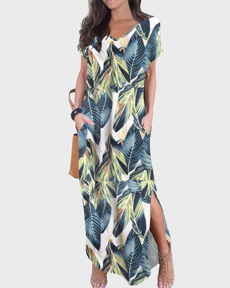 Vestido Maxi Rosenda Feminino – Decote em V, Mangas Curtas, Corte Fluido e Fenda com Bolsos Verão