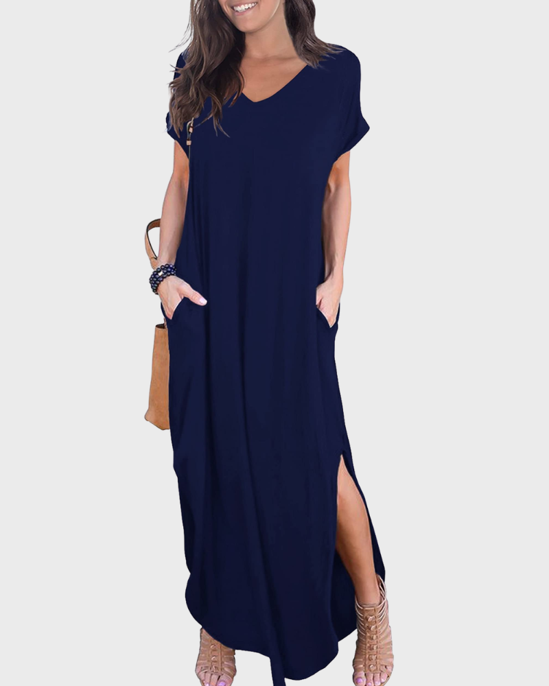 Vestido Maxi Rosenda Feminino – Decote em V, Mangas Curtas, Corte Fluido e Fenda com Bolsos Verão