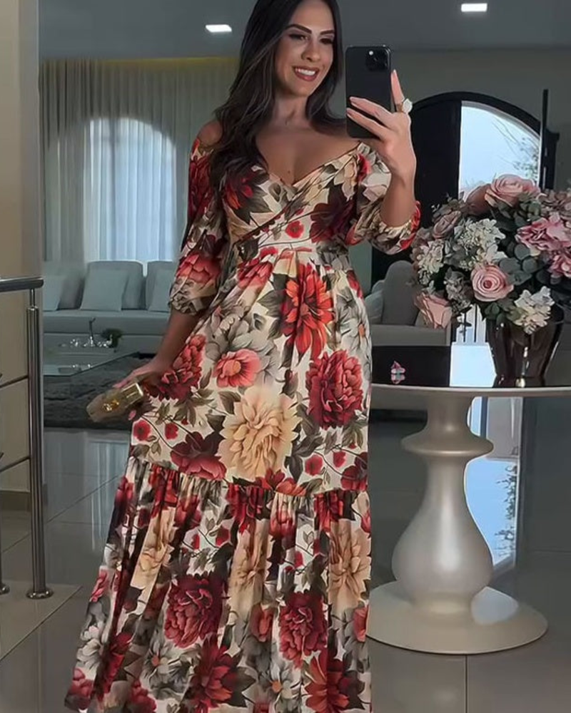 Rosalie Robe Maxi Femme – Robe Fleurie Épaules Dénudées, Jupe Volants & Style Romantique