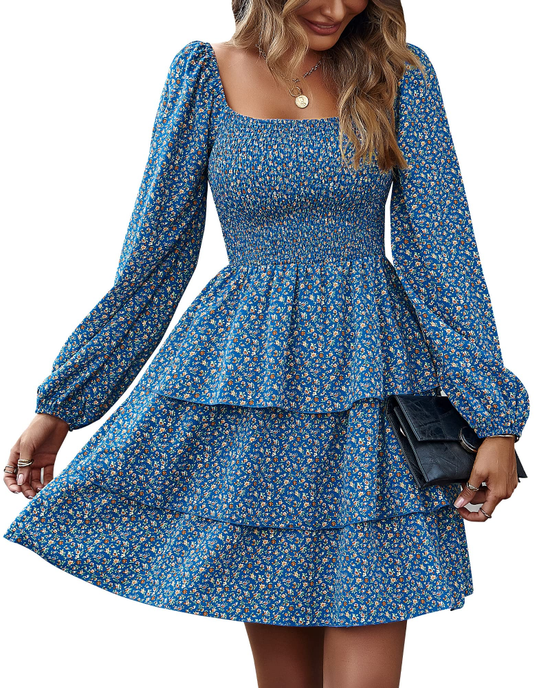 Vestido Léa Mulher – Vestido Boémio Mini com Decote Quadrado, Franzido, Cintura Alta, Mangas Compridas e Folhos