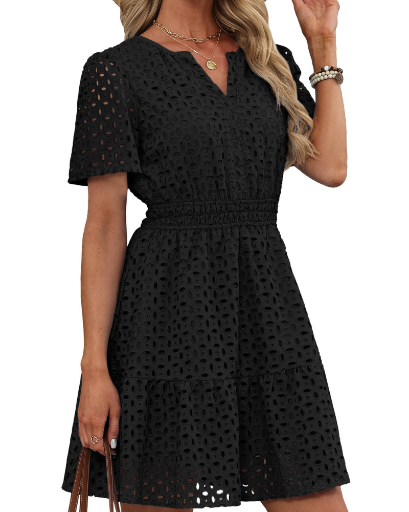 Robe Hedwig Mulher – Decote em V com Renda Bordada, Mangas Curtas e Corte Mini Cintura Alta Verão