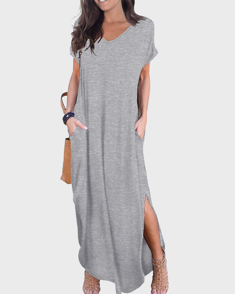 Vestido Maxi Rosenda Feminino – Decote em V, Mangas Curtas, Corte Fluido e Fenda com Bolsos Verão