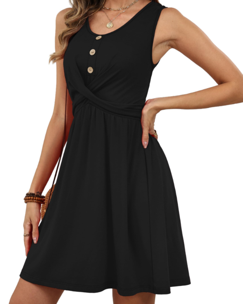 Vestido Cloie Mulher – Vestido de Verão Sem Mangas Decote V Cintura Alta Botões Corte Fluido Chic