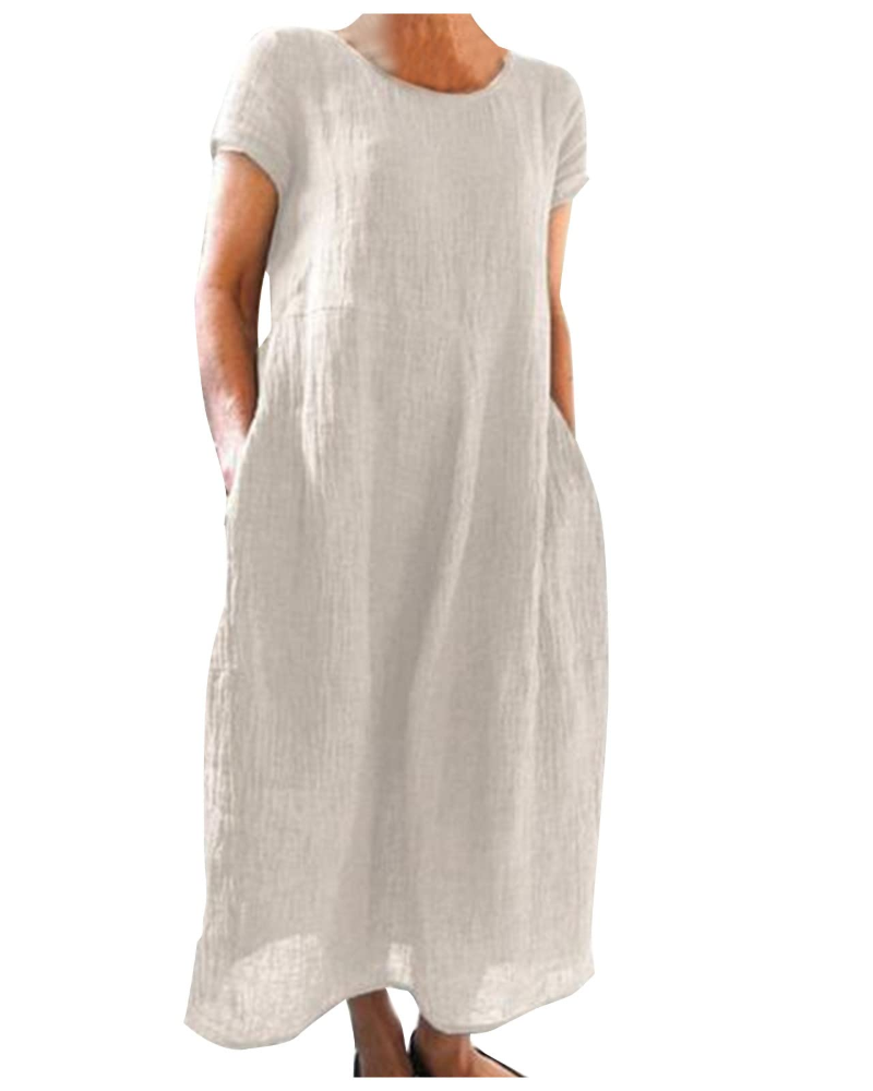 Maërine Women’s Summer Cotton and Linen Dress – Flowy Long Short-Sleeve Dress