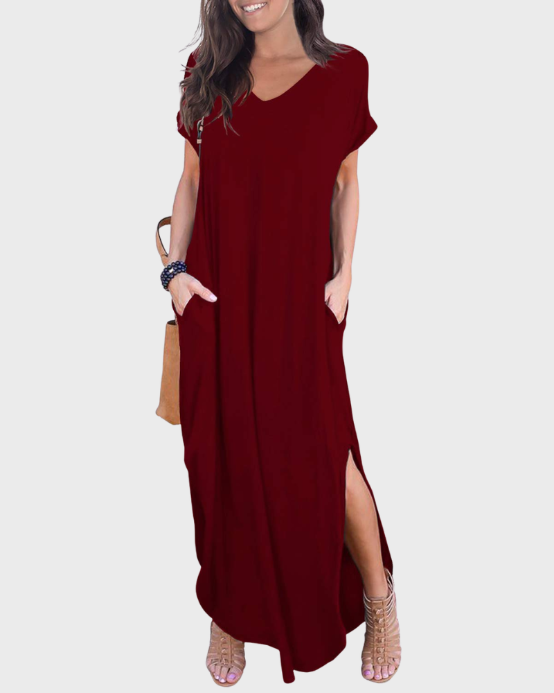 Vestido Maxi Rosenda Feminino – Decote em V, Mangas Curtas, Corte Fluido e Fenda com Bolsos Verão