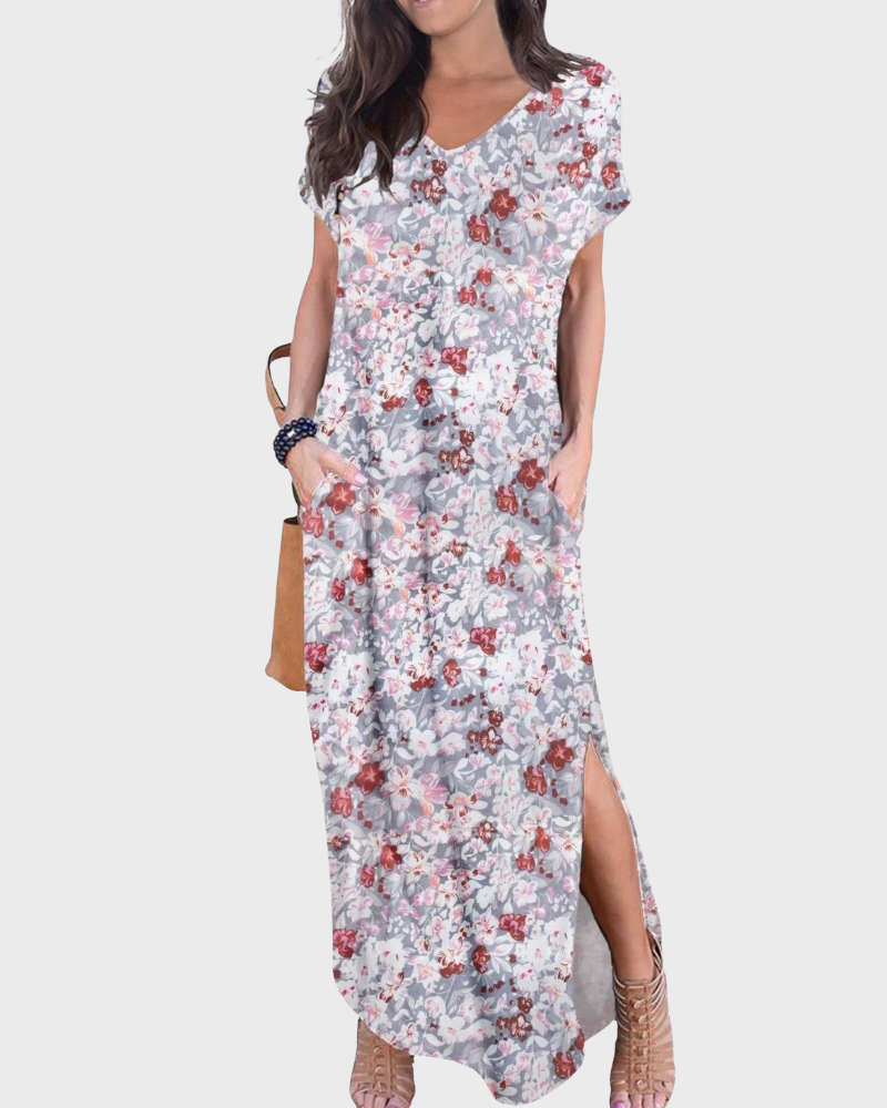 Vestido Maxi Rosenda Feminino – Decote em V, Mangas Curtas, Corte Fluido e Fenda com Bolsos Verão