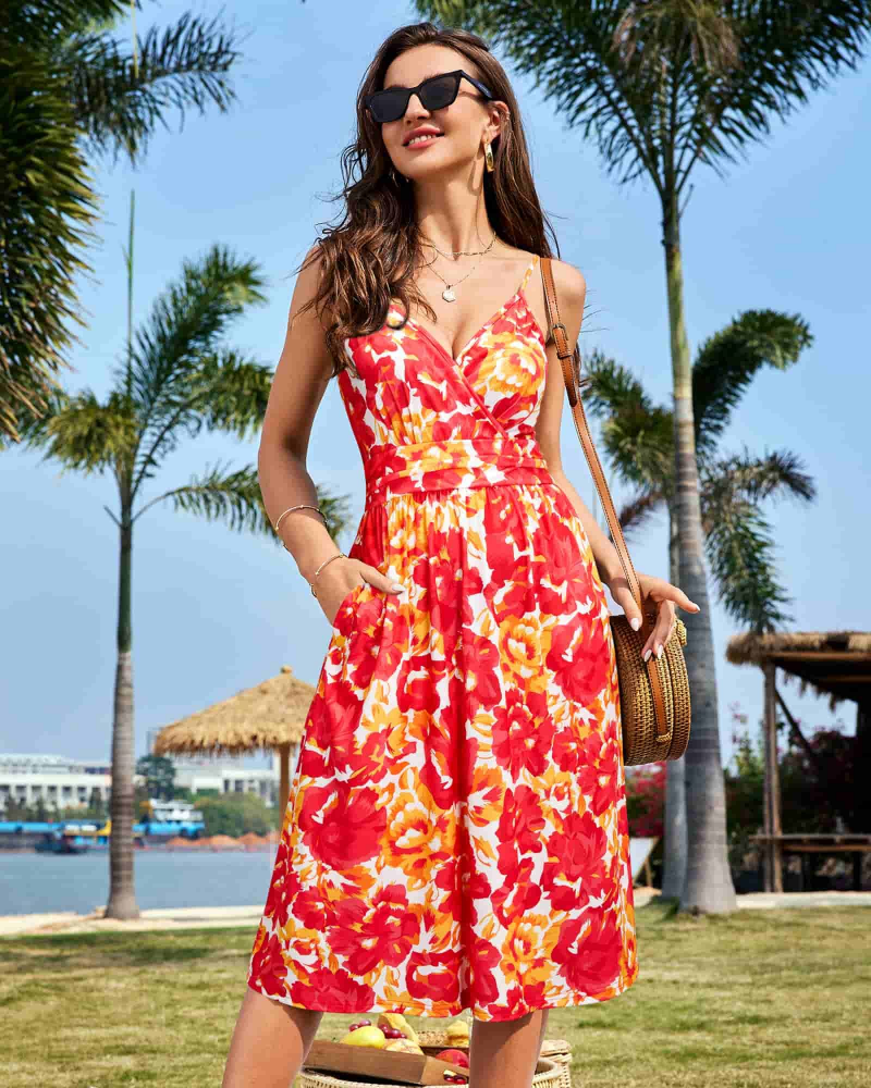 Verna midi-jurk dames – bloemenjurk met V-hals, smalle bandjes & A-lijn met zakken