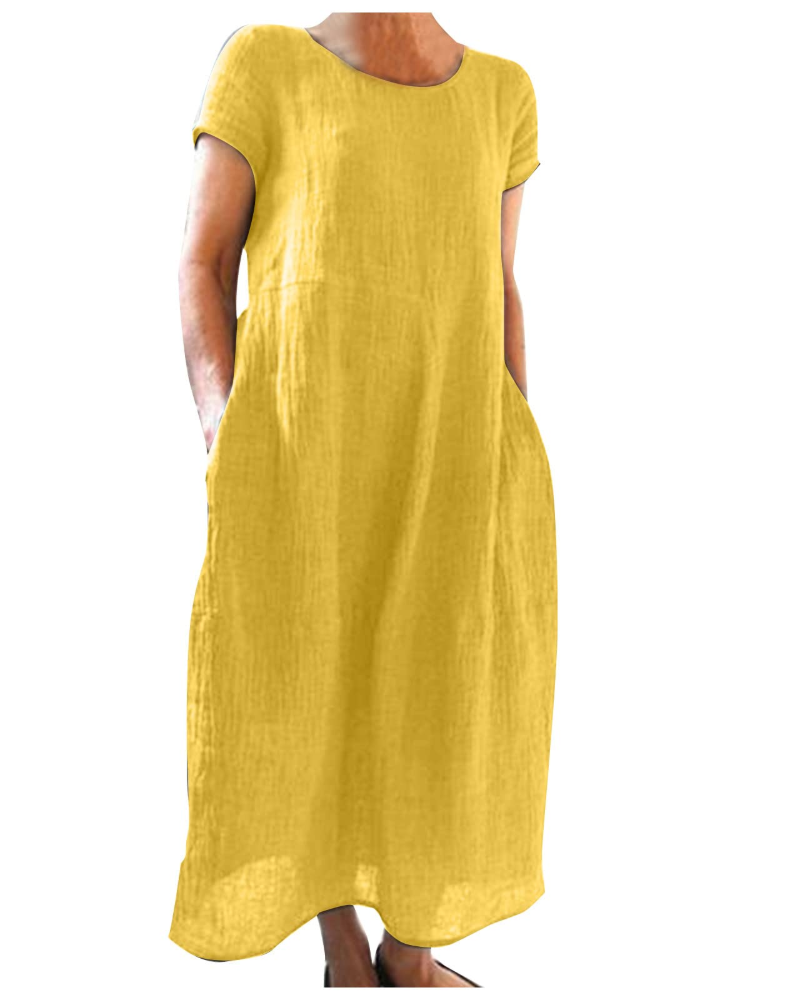 Maërine Women’s Summer Cotton and Linen Dress – Flowy Long Short-Sleeve Dress
