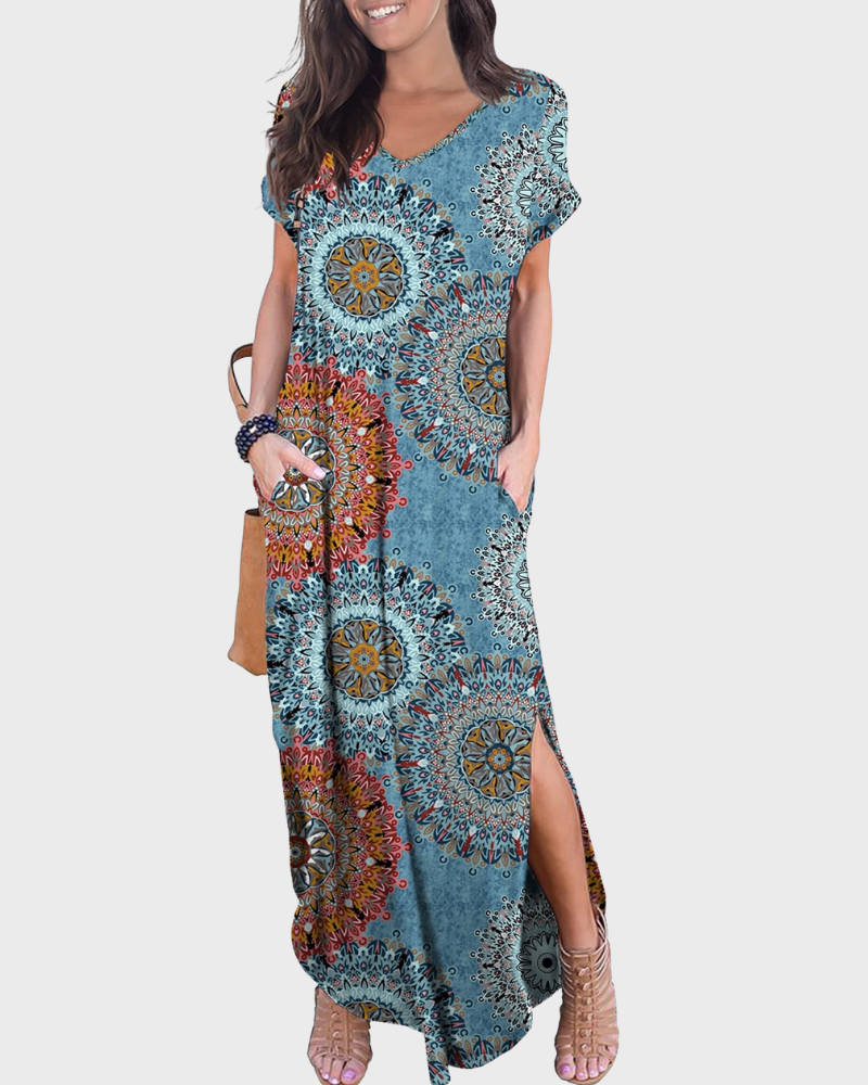 Vestido Maxi Rosenda Feminino – Decote em V, Mangas Curtas, Corte Fluido e Fenda com Bolsos Verão
