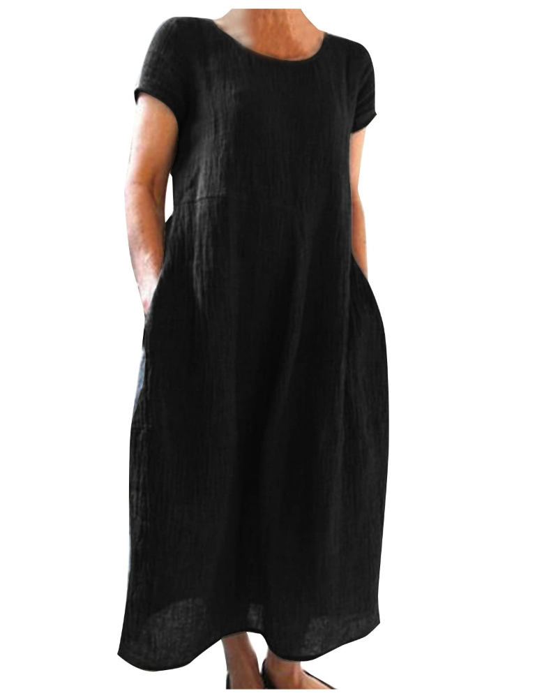 Maërine Women’s Summer Cotton and Linen Dress – Flowy Long Short-Sleeve Dress