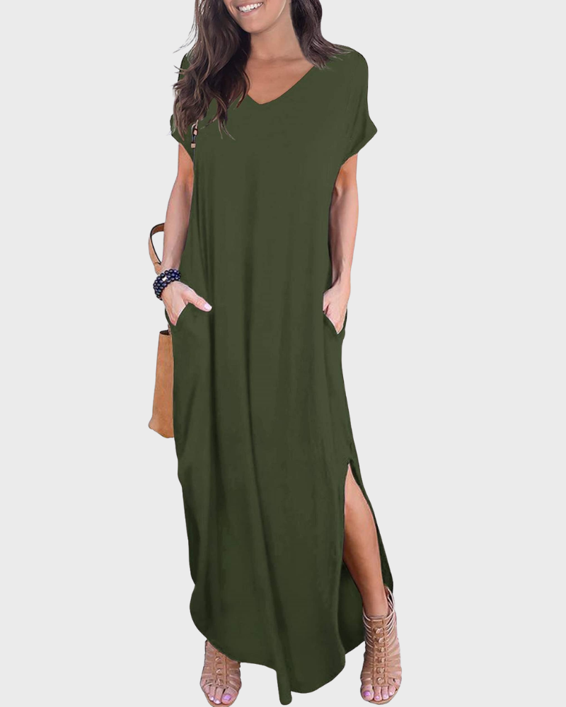 Vestido Maxi Rosenda Feminino – Decote em V, Mangas Curtas, Corte Fluido e Fenda com Bolsos Verão