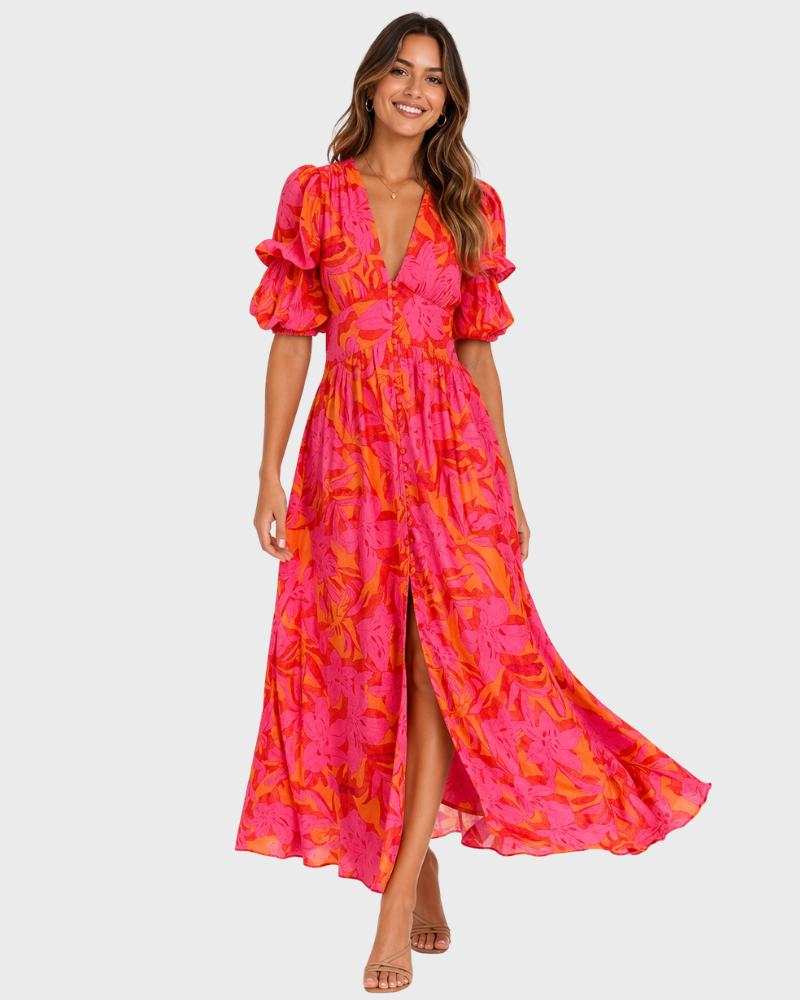 Robe de Verão para Mulher Samantha – Decote em V, Mangas Bufantes e Corte Fluido Elegante