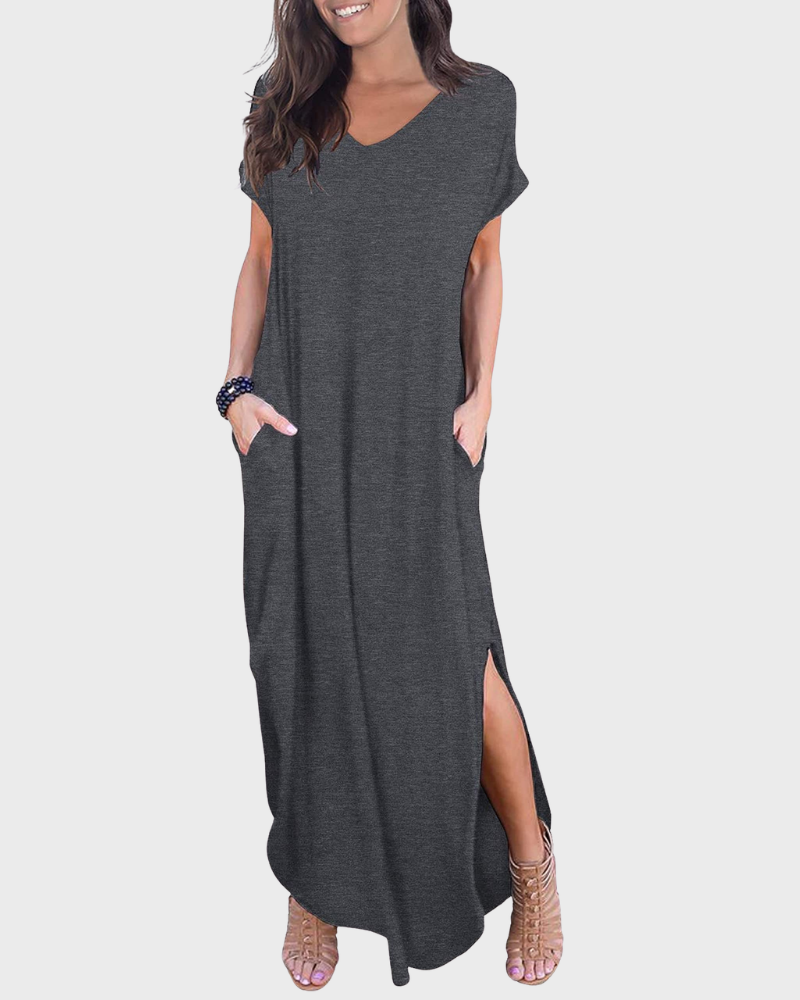 Vestido Maxi Rosenda Feminino – Decote em V, Mangas Curtas, Corte Fluido e Fenda com Bolsos Verão