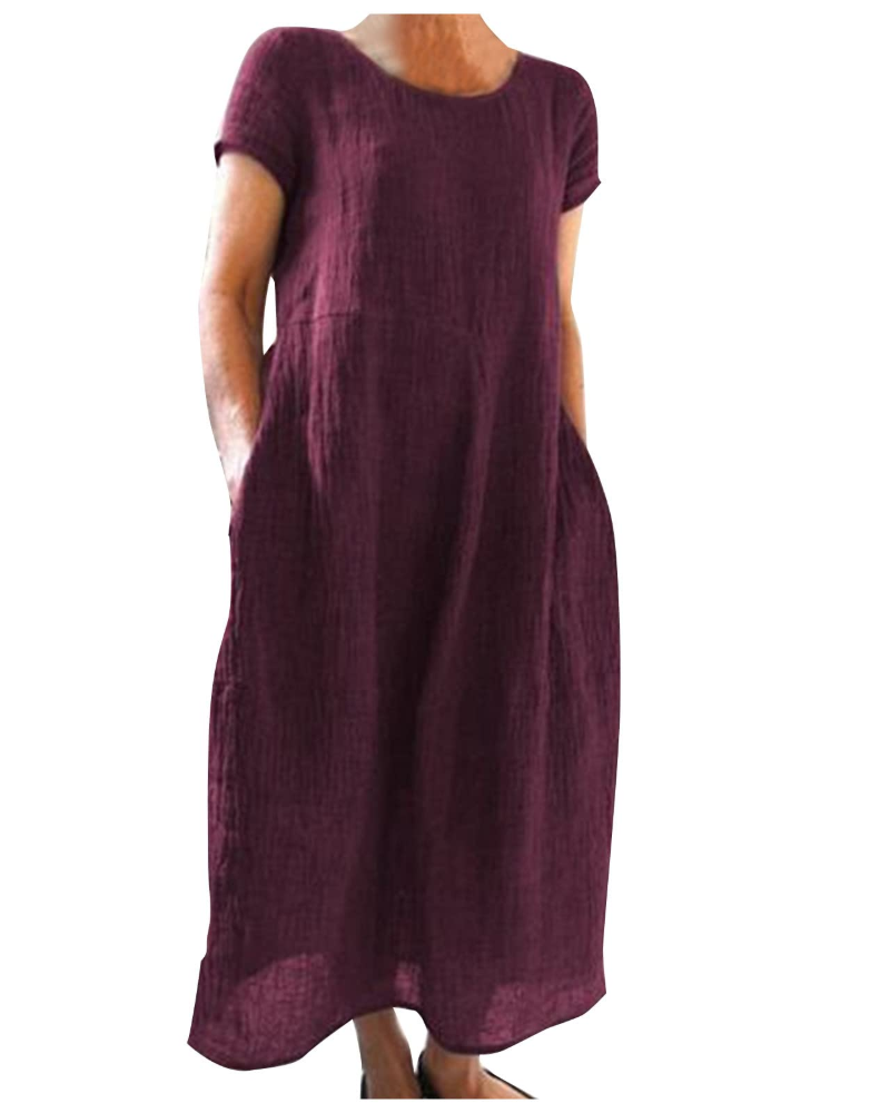 Maërine Women’s Summer Cotton and Linen Dress – Flowy Long Short-Sleeve Dress
