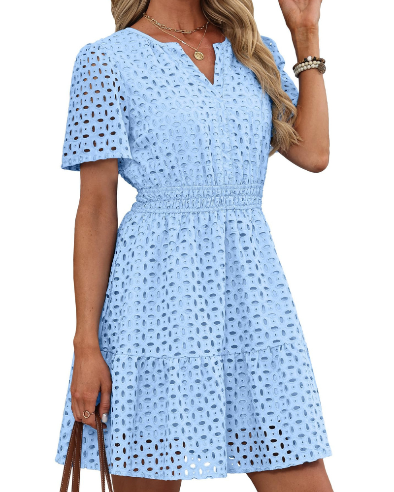 Robe Hedwig Mulher – Decote em V com Renda Bordada, Mangas Curtas e Corte Mini Cintura Alta Verão
