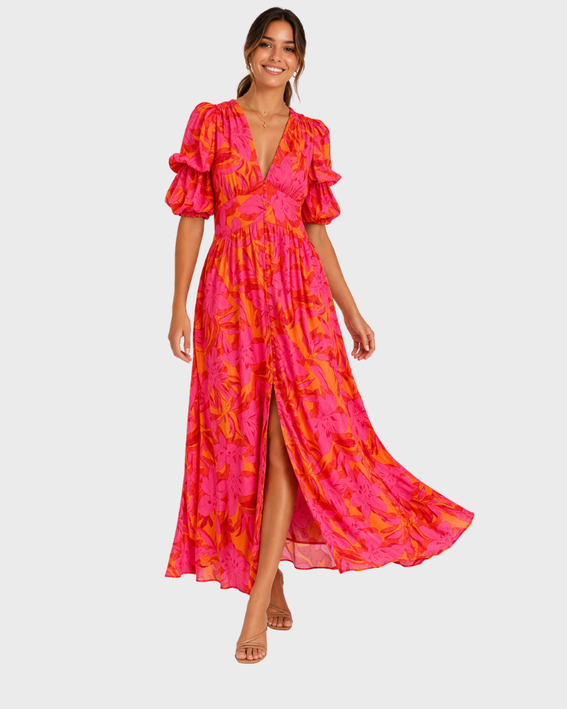 Robe de Verão para Mulher Samantha – Decote em V, Mangas Bufantes e Corte Fluido Elegante