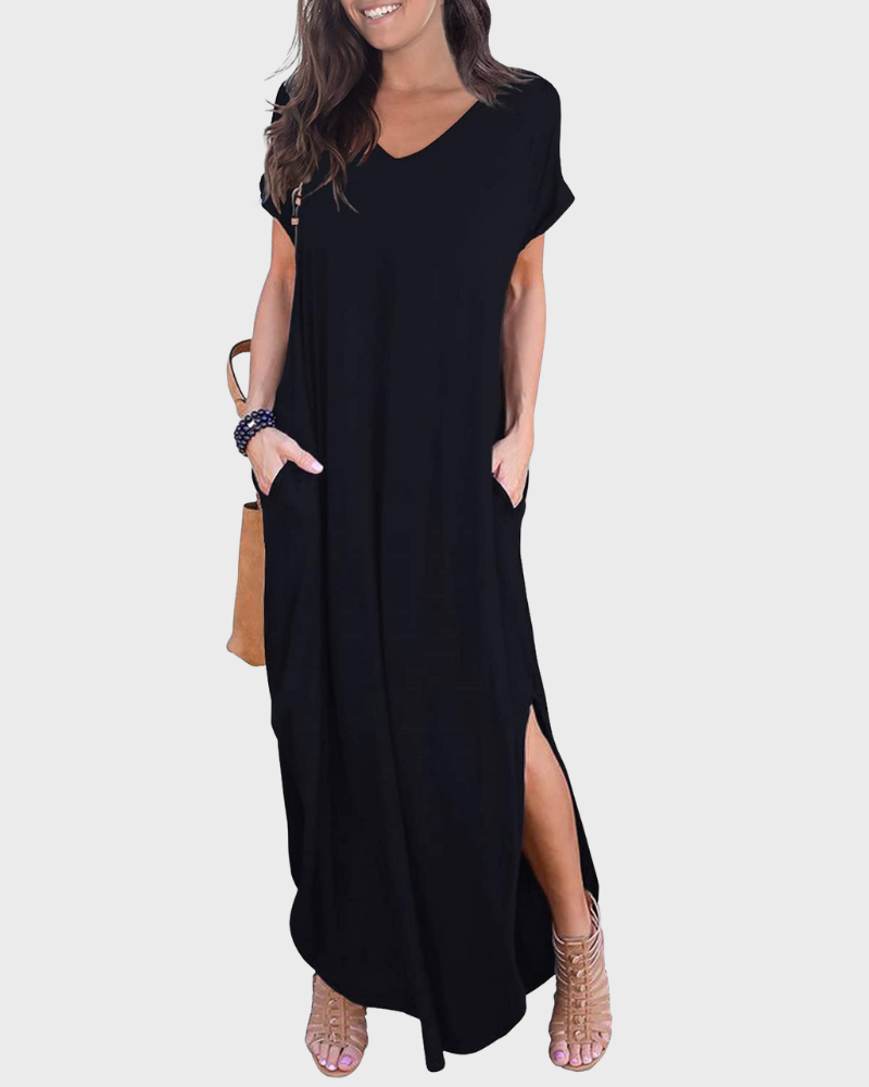 Vestido Maxi Rosenda Feminino – Decote em V, Mangas Curtas, Corte Fluido e Fenda com Bolsos Verão