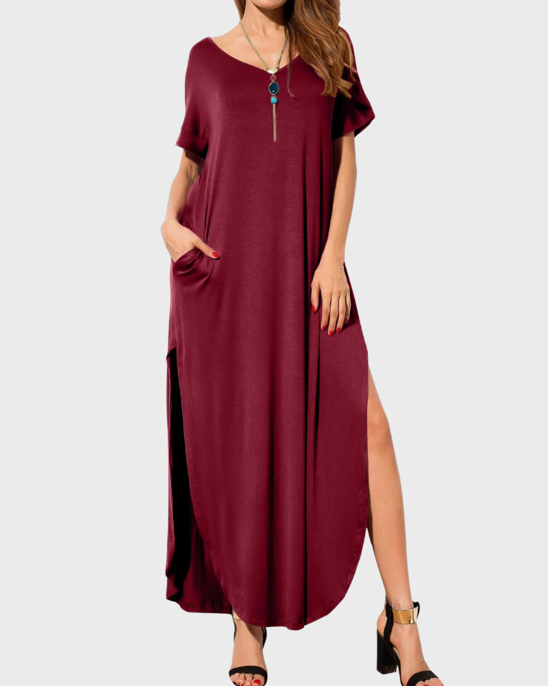 Vestido Maxi Rosenda Feminino – Decote em V, Mangas Curtas, Corte Fluido e Fenda com Bolsos Verão