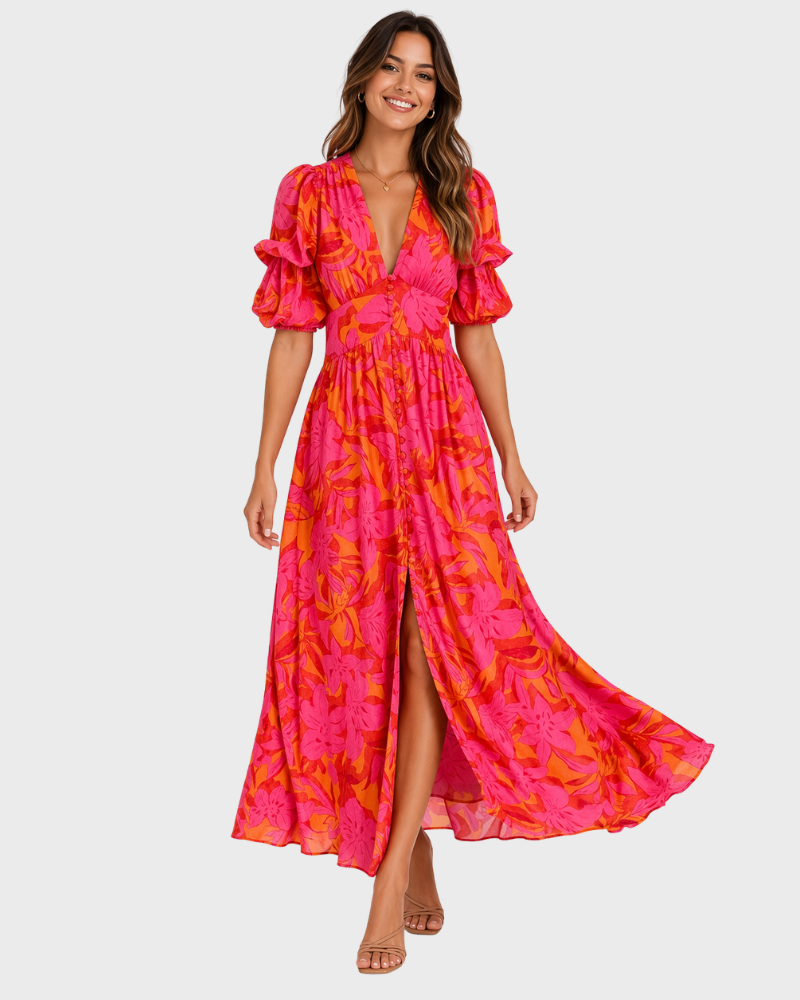 Robe de Verão para Mulher Samantha – Decote em V, Mangas Bufantes e Corte Fluido Elegante