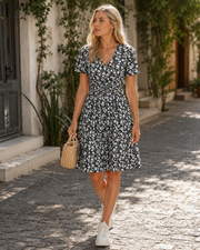 Sophie haljina za žene s cvjetnim uzorkom – haljina od jerseya s V-izrezom, kratkim rukavima, elegantnog kroja fit & flare
