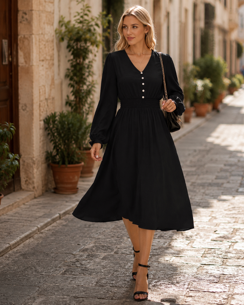 Emma haljina za žene midi – haljina s V-izrezom, dugim rukavima, visokim strukom, elegantnog A-oblika