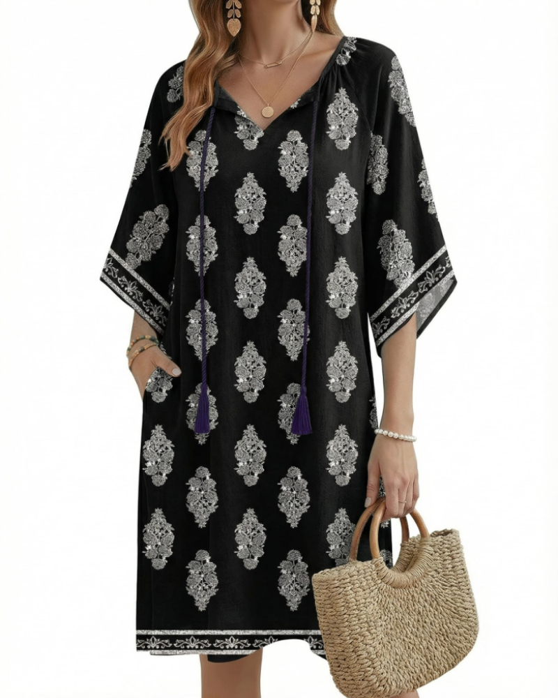 Fiona Boho-Kleid für Damen – Blumenkleid mit V-Ausschnitt und Taschen, knielang