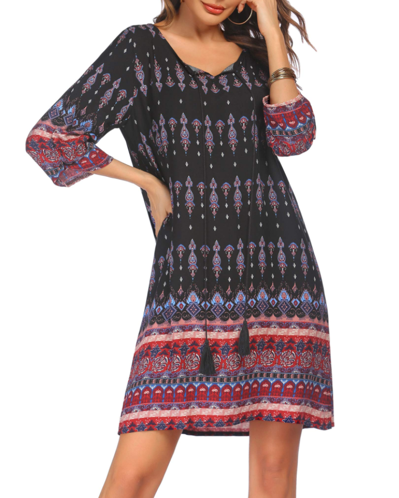 Scarlett Tunika-Kleid für Damen im Boho-Stil – Blumenkleid mit Quasten und langen Ärmeln