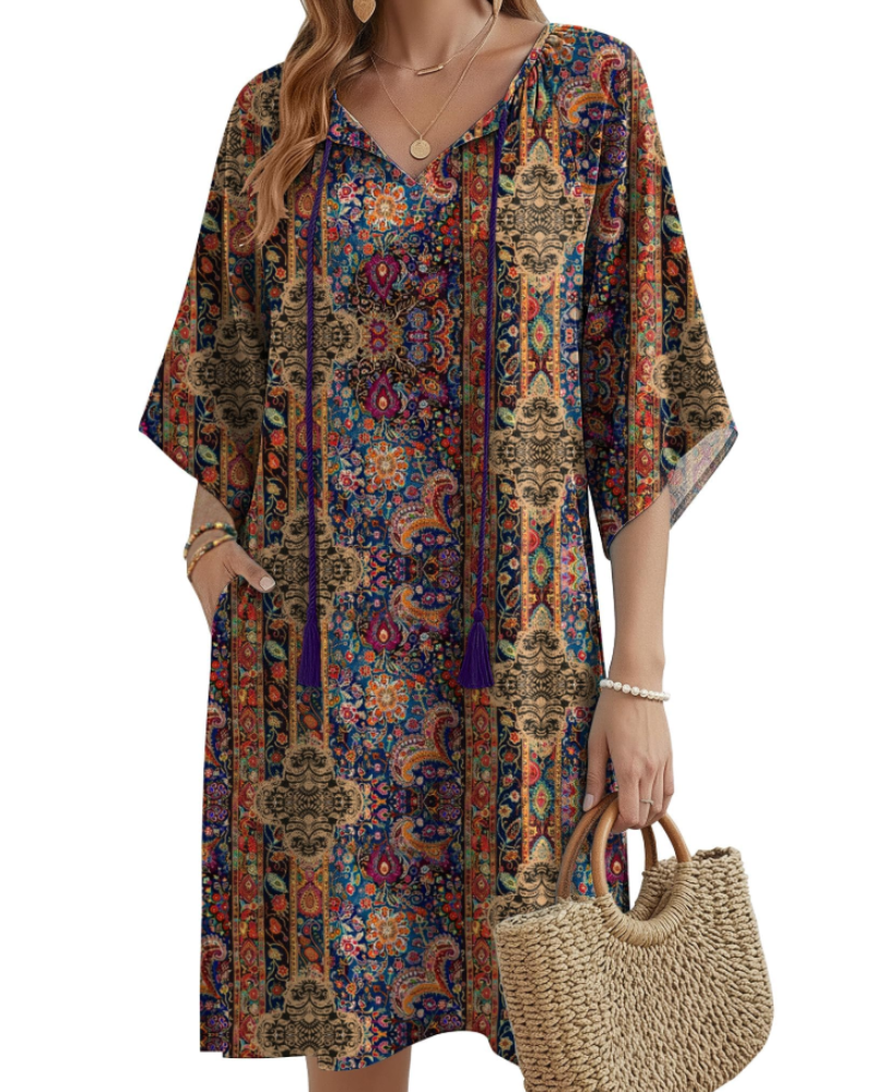 Fiona Boho-Kleid für Damen – Blumenkleid mit V-Ausschnitt und Taschen, knielang