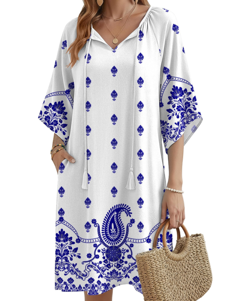 Fiona Boho-Kleid für Damen – Blumenkleid mit V-Ausschnitt und Taschen, knielang