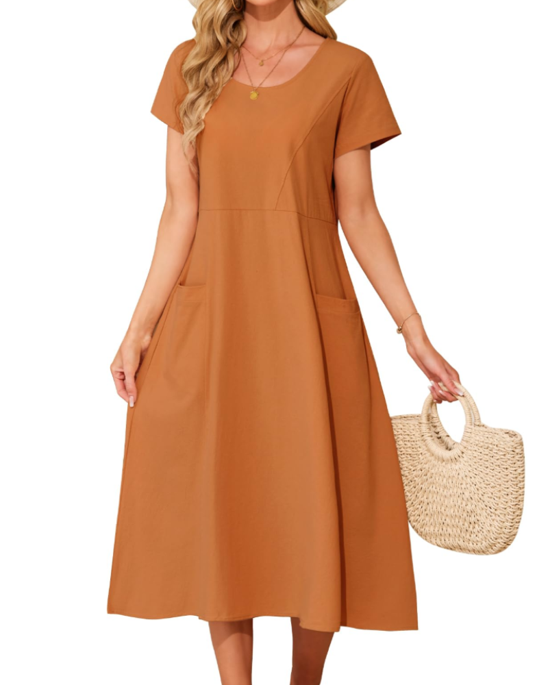 Sukienka midi Eliza damska z bawełny – letnia sukienka boho z kieszeniami i krótkimi rękawami