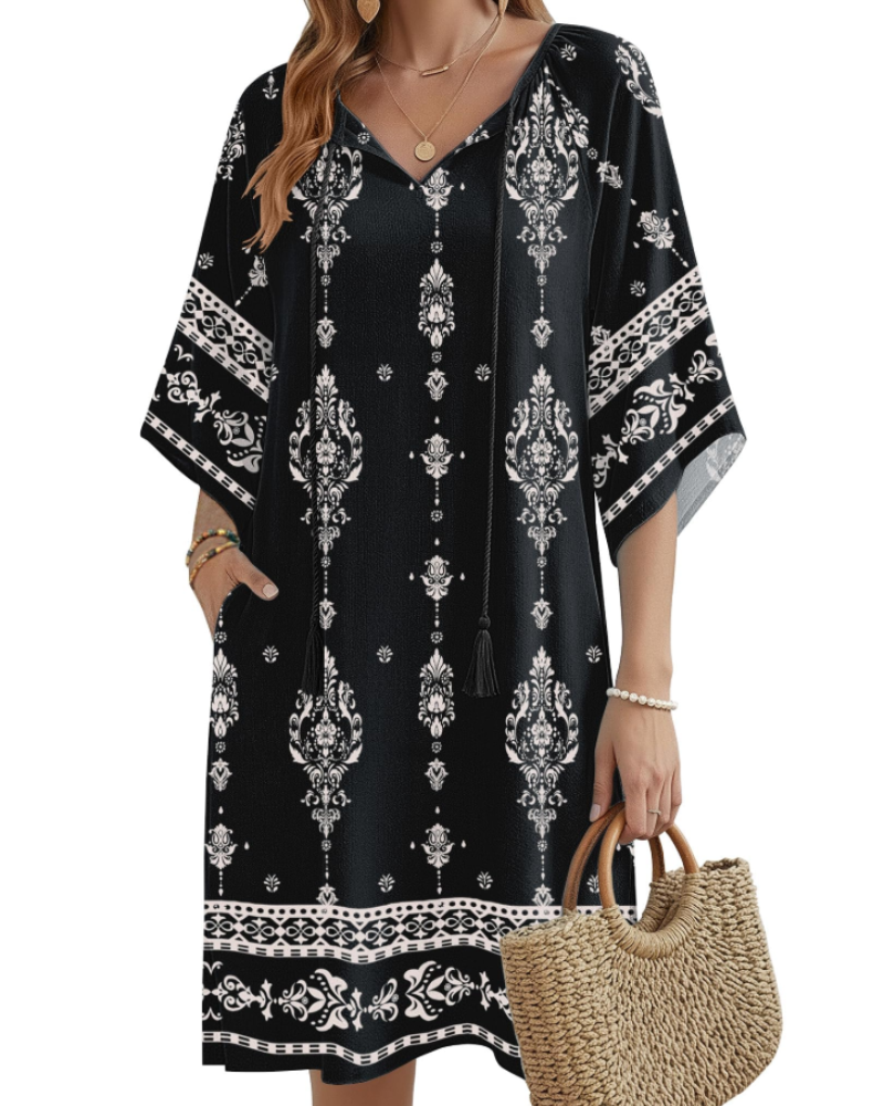 Fiona Boho-Kleid für Damen – Blumenkleid mit V-Ausschnitt und Taschen, knielang