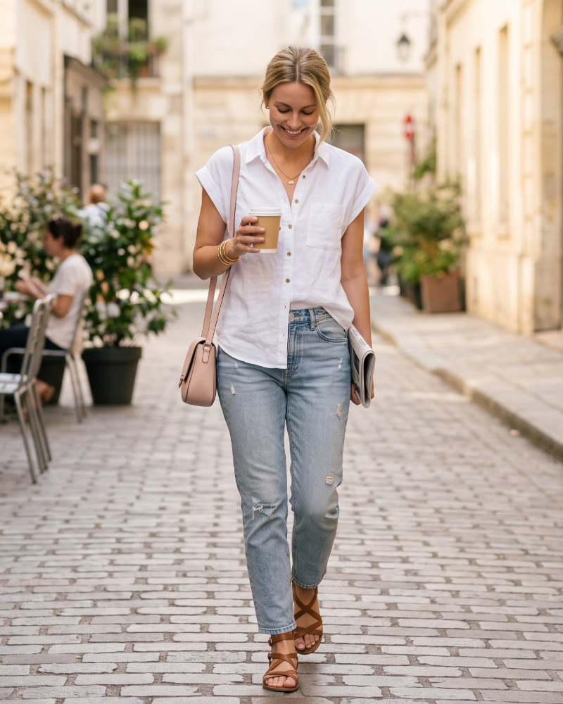 Maya Bluse Damen Sommer – Leinen V-Ausschnitt mit Knöpfen Kurzarm