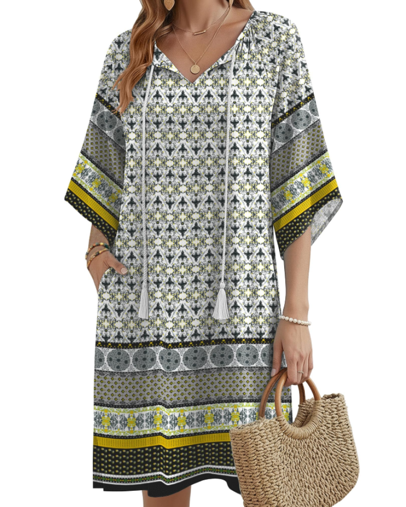 Fiona Boho-Kleid für Damen – Blumenkleid mit V-Ausschnitt und Taschen, knielang