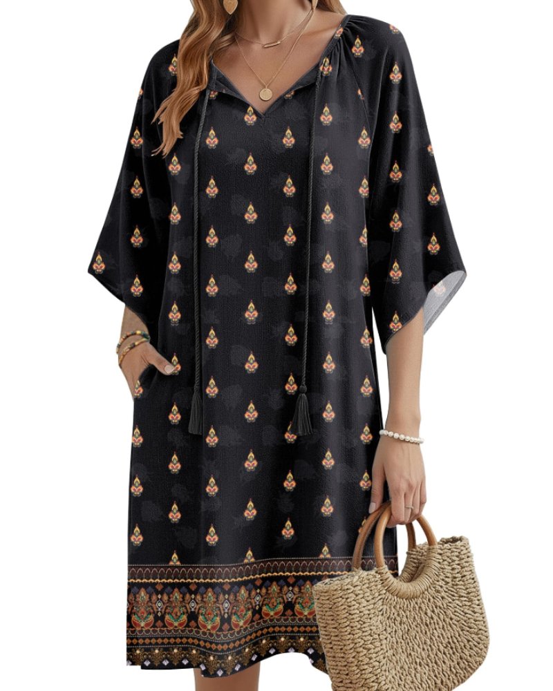 Fiona Boho-Kleid für Damen – Blumenkleid mit V-Ausschnitt und Taschen, knielang