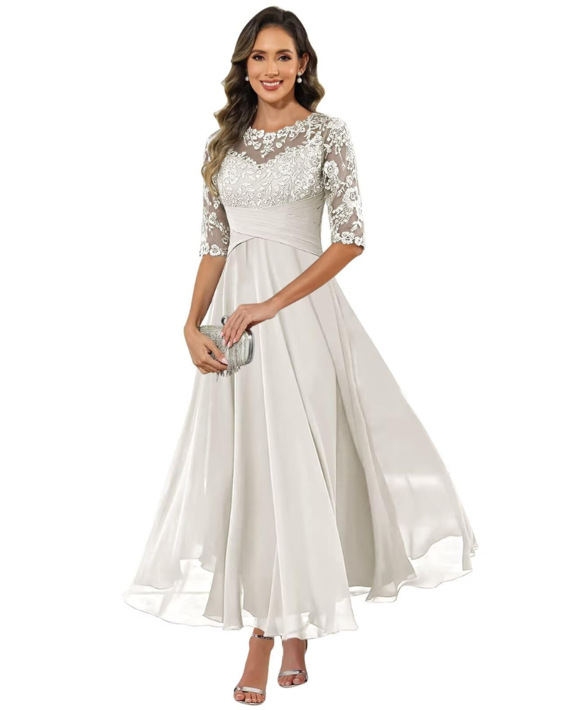 Auréliane – Vestido de noite para mulher, vestido comprido em renda e musselina com corte evasé elegante