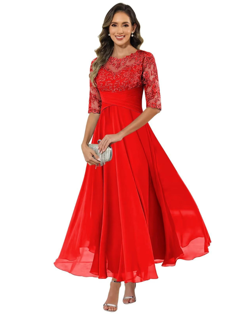 Auréliane – Vestido de noite para mulher, vestido comprido em renda e musselina com corte evasé elegante