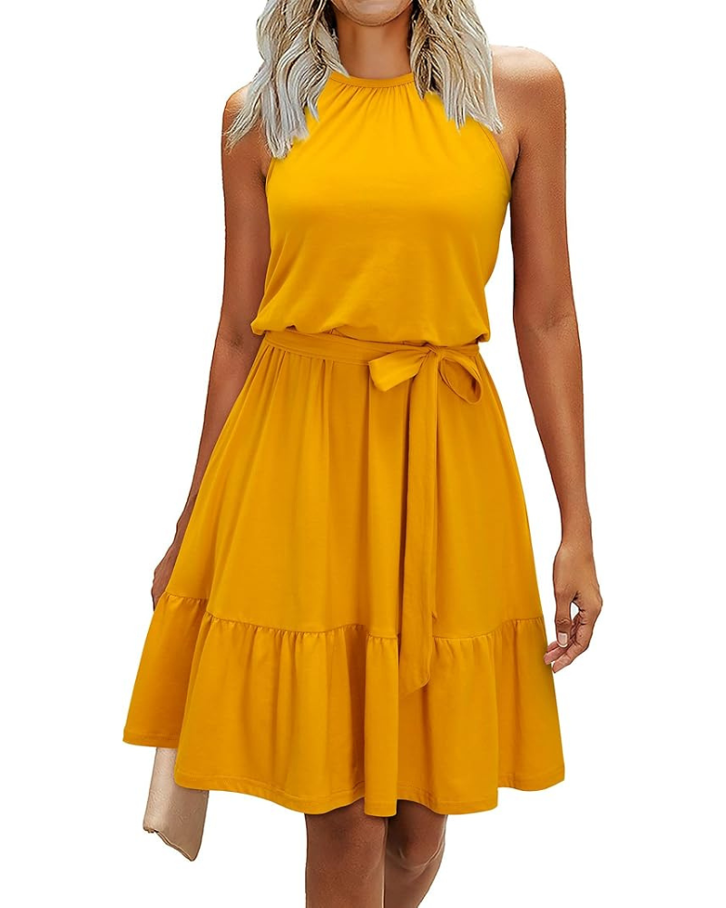 Bloom Robe Donna – Collo Halter, Stampa Floreale & Tasche, Taglio A-Line, Lunghezza al Ginocchio