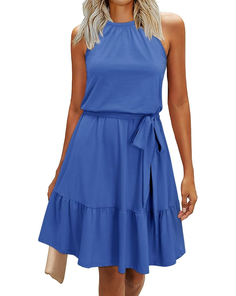 Bloom Robe Donna – Collo Halter, Stampa Floreale & Tasche, Taglio A-Line, Lunghezza al Ginocchio
