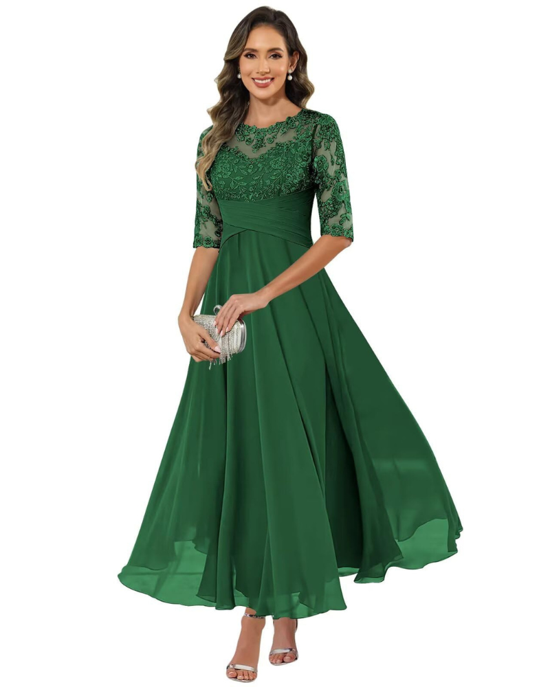 Auréliane – Vestido de noite para mulher, vestido comprido em renda e musselina com corte evasé elegante